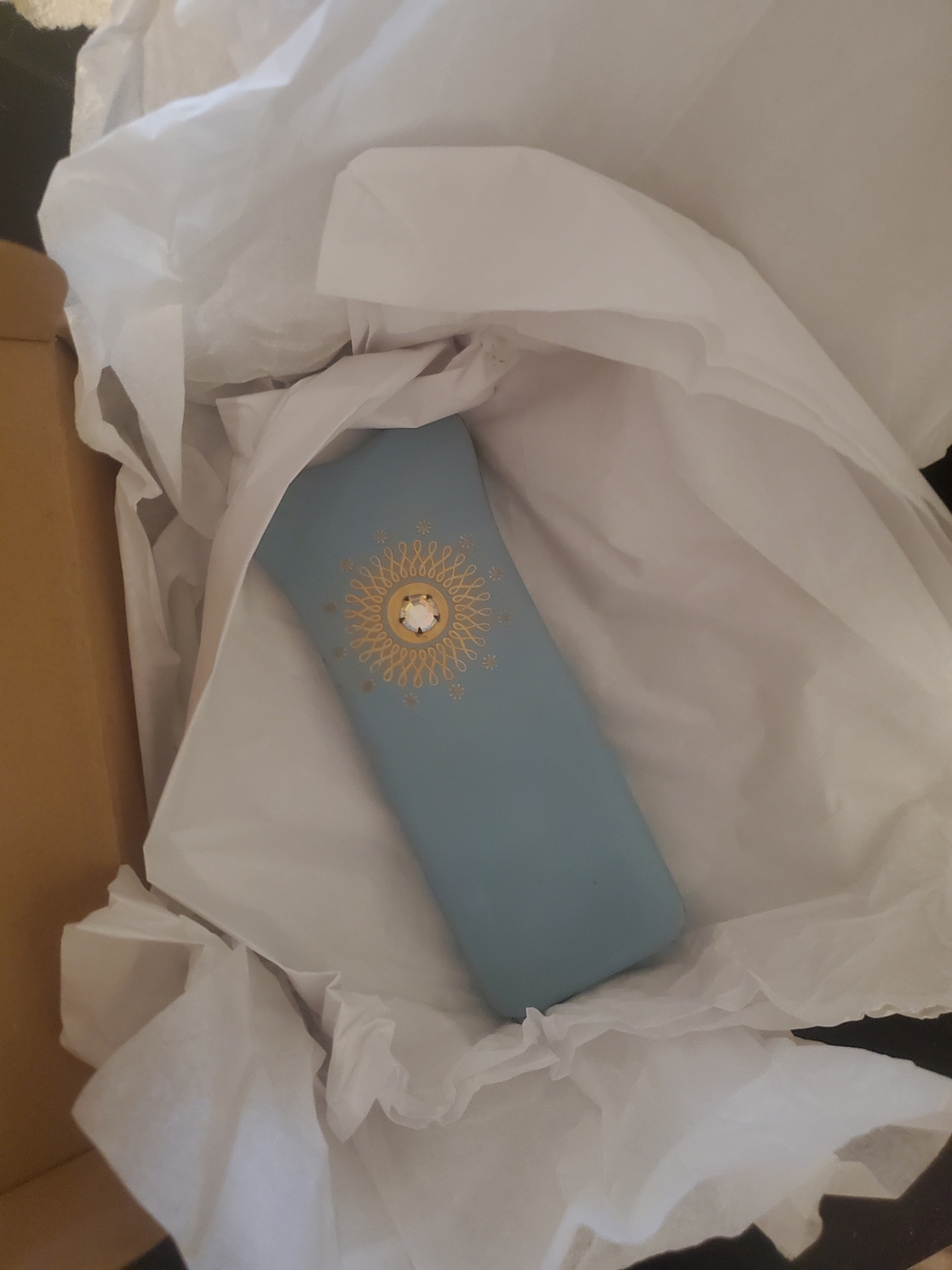 Blue Decorative Eyeglass Holder with Gold Sunburst Accent